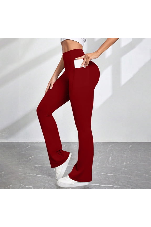 Women's High Waist Wide Leg Yoga Pants, Peach Butt Lifting Workout Pants with No Uncomfortable Lines, Slight Flare Design with Pockets for Gym and Fitness Wine