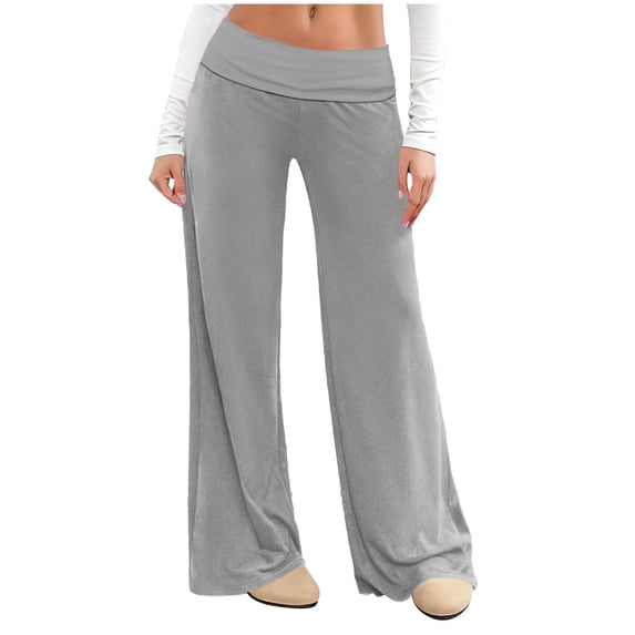 Women's High Waist Wide Leg Yoga Pants Y2K Stretchy Ribbed Lounge Gym Leggings with Side Pockets for Daily Wear Vacation Streetwear,Gray,S