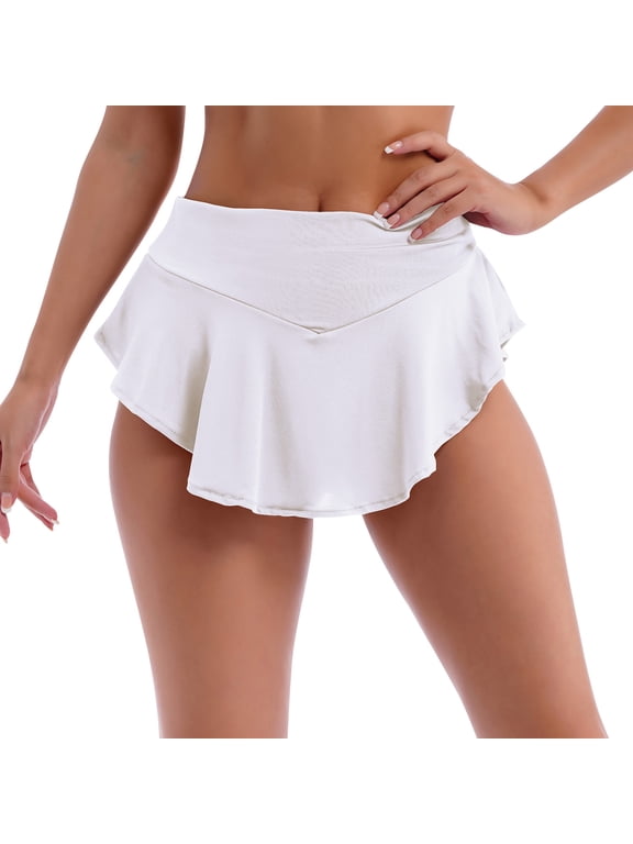 Women's High Waist Wide Waistband Ruffle Yoga Shorts Gym Workout Rave Booty Dance Mini Hot Pants Bottoms Active Skirted Panties 2XL White