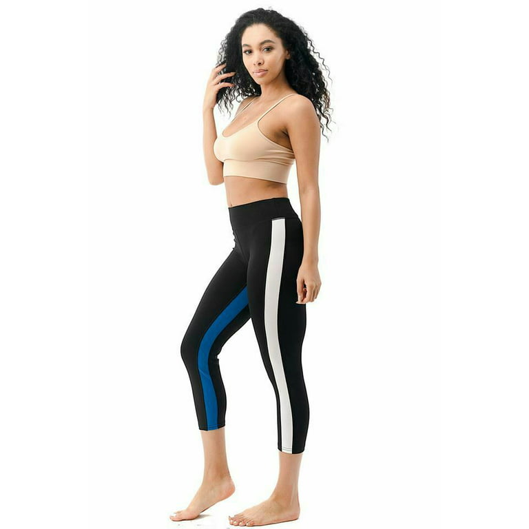 Women's High Waist Workout Capri Leggings Striped Running Yoga Sportswear  Gym Training Pants Black / White Stripped Female Size Medium 