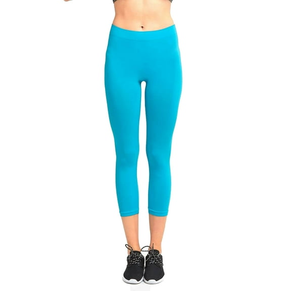 Women's High Waist Workout Stretch Capri Leggings Exercise Yoga Running Athletic Gym Fitness Pants Seamless Aqua
