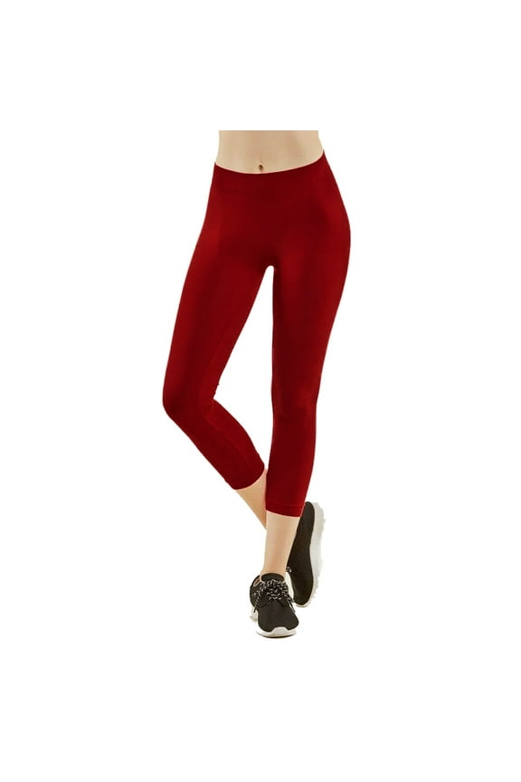 Women's High Waist Workout Stretch Capri Leggings Exercise Yoga Running Athletic Gym Fitness Pants Seamless Burgundy