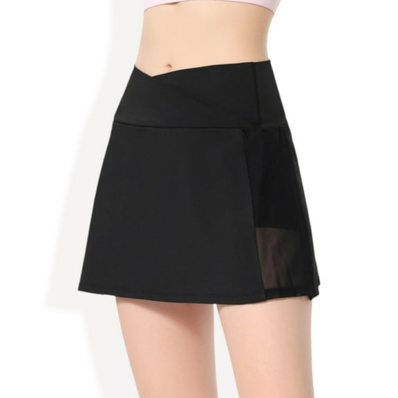 Women's High Waist Wrap Front Mesh Panel Athletic Skort with Built-In Shorts- X Large, Black