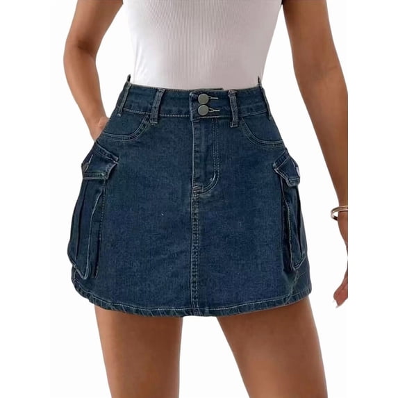 Women's High Waist Y2K Denim Cargo Skort Waisted Mini Multifunctional Pockets Shorts Skirt Blue S