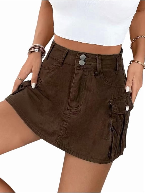 Women's High Waist Y2K Denim Cargo Skort Waisted Mini Multifunctional Pockets Shorts Skirt Dark Brown L