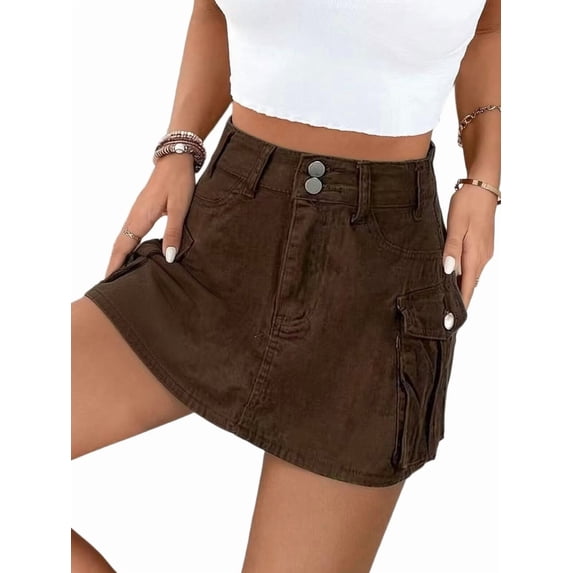 Women's High Waist Y2K Denim Cargo Skort Waisted Mini Multifunctional Pockets Shorts Skirt Dark Brown L