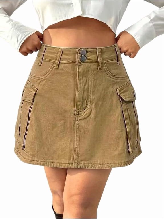 Women's High Waist Y2K Denim Cargo Skort Waisted Mini Multifunctional Pockets Shorts Skirt Khaki M