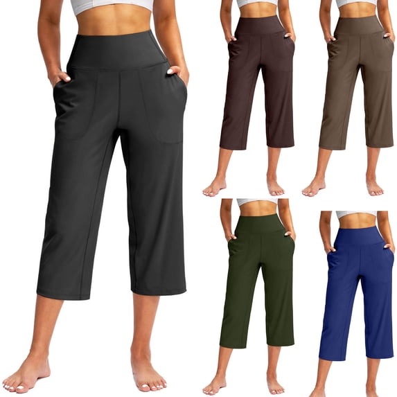 Women's High Waist Yoga Capris Pants with Pockets, Tummy Control Compression Wide Leg, Quick Dry 4-Way Stretch, For Running Workout Lounge Casual Athletic | TruBelle,Coffee 2XL