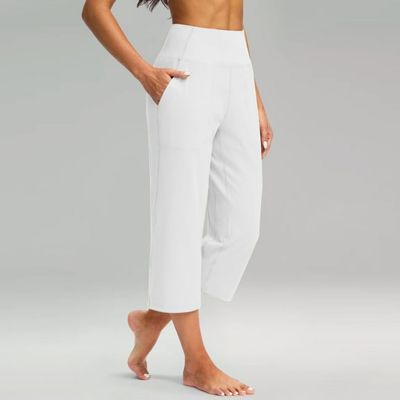 Women's High Waist Yoga Capris with Pockets Casual Wide Leg Pants, White S-3XL