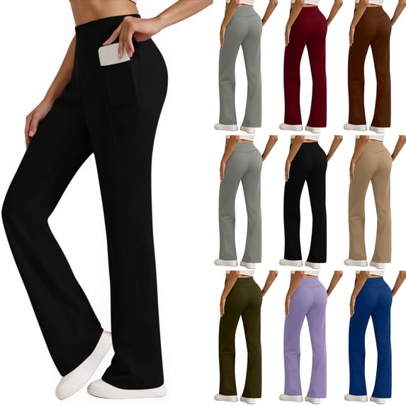 Women's High Waist Yoga Pants with Pockets, Stretch Athletic Workout Pants, Slim Fit Casual Flare Leggings for Running Fitness Travel Everyday Wear Black S