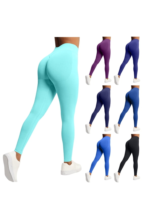 Women's High Waist Yoga Pants, Seamless Peach Solid Color Trousers, Hip Lift Tummy Control Stretchy Workout Leggings for Gym Running Fitness Pilates Lounge | HAODEJW,Blue M