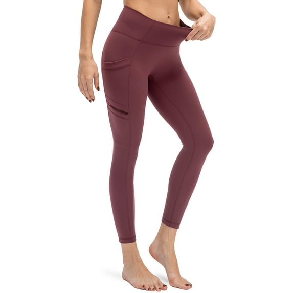 Women's High Waist Yoga Pants Ultra Soft Workout Running Hiking Leggings with Zipper Pockets, Wine Red, S