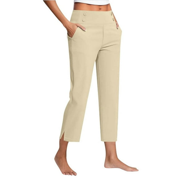 Women's High Waist Yoga Trousers Summer Casual Slacks with Side Slits, Stretchy Cropped Work Pants For Office/Travel/Athleisure Beige S