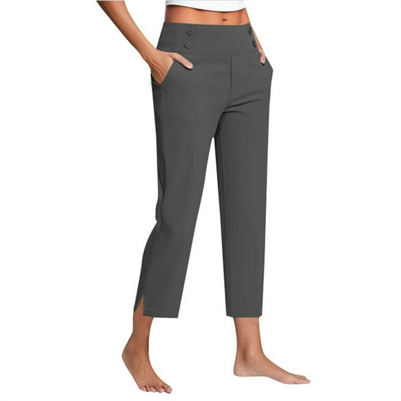 Women's High Waist Yoga Trousers Summer Casual Slacks with Side Slits, Stretchy Cropped Work Pants For Office/Travel/Athleisure Grey S