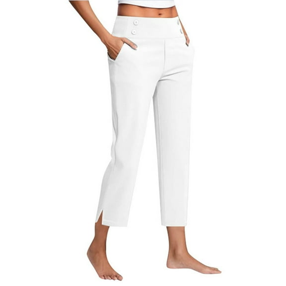 Women's High Waist Yoga Trousers Summer Casual Slacks with Side Slits, Stretchy Cropped Work Pants For Office/Travel/Athleisure White M
