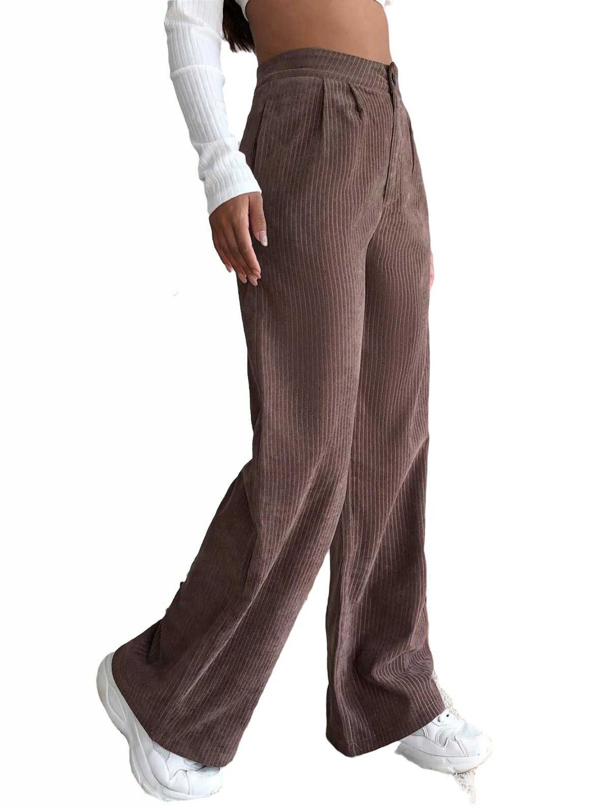Women's High Waist Zipper Cord Wide Leg Pants Coffee Brown
