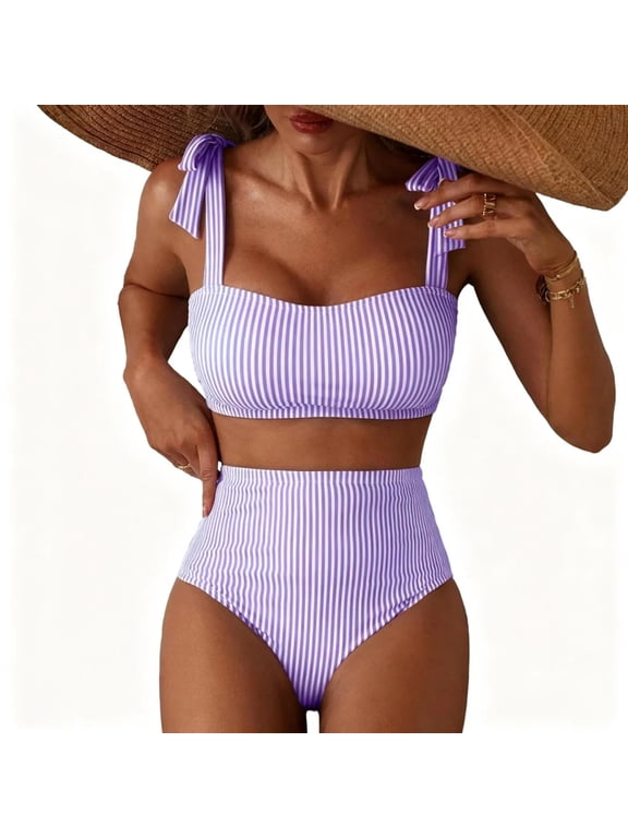 Women's High Waisted 2 Piece Bikini Sets Halter Patch Pocket Swimsuits Striped Bathing Suit Beach Swimwear 2026 Purple M