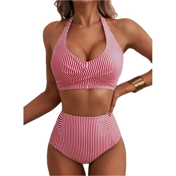 Women's High Waisted 2 Piece Bikini Sets Halter Swimsuits Striped Bathing Suit Beach Swimwear 2026 Red 2XL