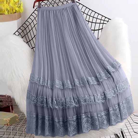 Women's High Waisted A-Line Skirt with Lace Patchwork and Mesh Panels, Pleated Mid-Length Design