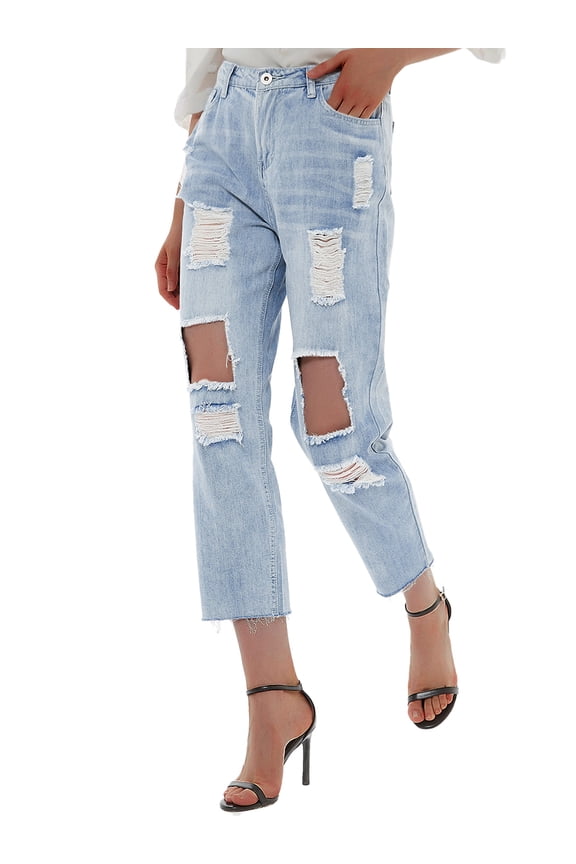 Women's High Waisted Baggy Distressed Ripped Holes Boyfriend Crop Jean Denim Pants, Light Denim, Medium