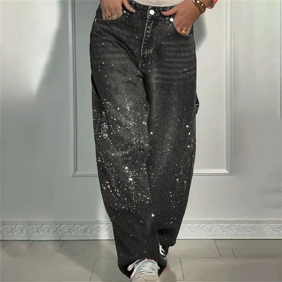 Women's High Waisted Baggy Jeans, Rhinestone Straight Leg Denim Pants, Loose Fit Casual Jeans for Streetwear, Daily Outfits and Fashion Grey L