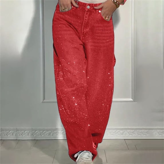 Women's High Waisted Baggy Jeans, Rhinestone Straight Leg Denim Pants, Loose Fit Casual Jeans for Streetwear, Daily Outfits and Fashion Red M