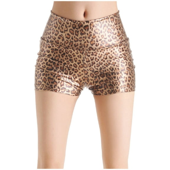 Women's High Waisted Baggy Shorts Pants Leggings Tight Belly Imitation Leather Leopard Print Casual Summer Jean Shorts S-M