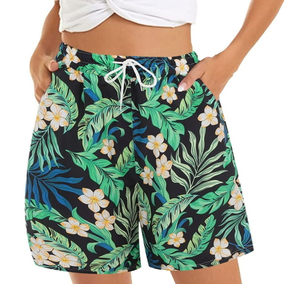 Women's High Waisted Baggy Shorts Summer Comfy Beach Elastic Waist Floral Print Casual Summer Jean Shorts with Pockets S-3XL