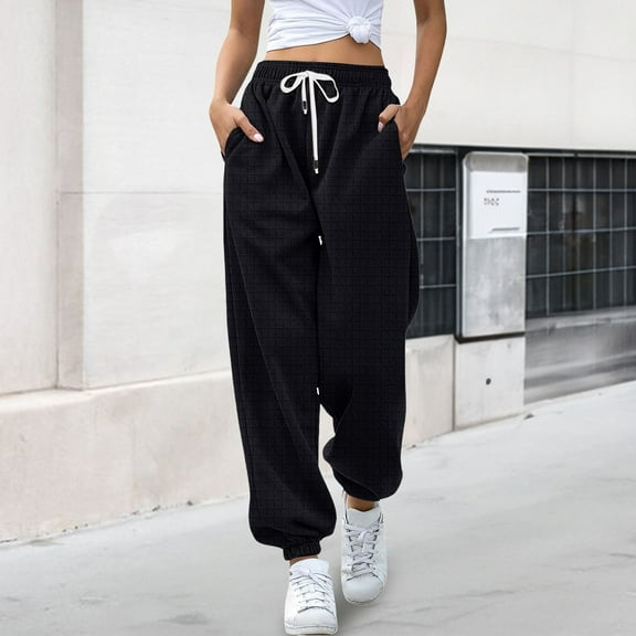 Women's High Waisted Baggy Wide Leg Joggers with Pockets, Elastic Waist Waffle Knit Comfy Casual Workout Pants for Petite and Plus Size Black L