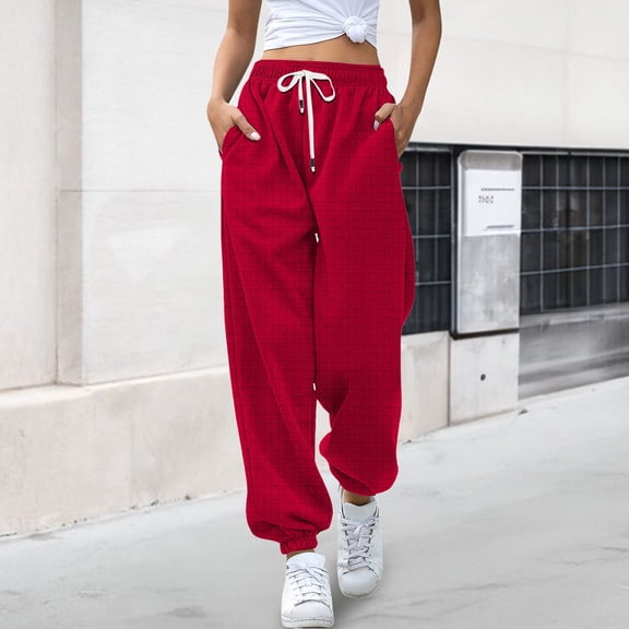 Women's High Waisted Baggy Wide Leg Joggers with Pockets, Elastic Waist Waffle Knit Comfy Casual Workout Pants for Petite and Plus Size Red M