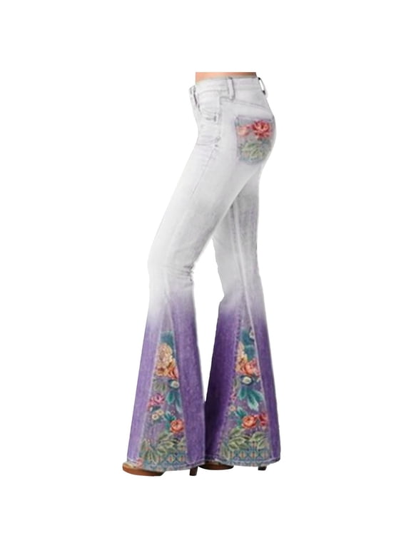 Women's High Waisted Bell Bottom Bootcut Jeans Flare Wide Leg Stretch Trendy Jeans Lace-Up Flared Pants Stretch Cow Jeans Pants Purple A L