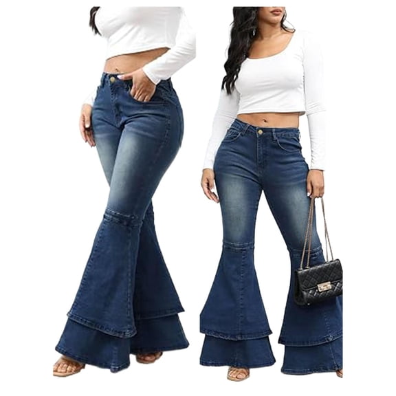 Women's High Waisted Bell Bottom Jeans Tiered Ruffle Hem Stretchy Flare Denim Pants S-3XL