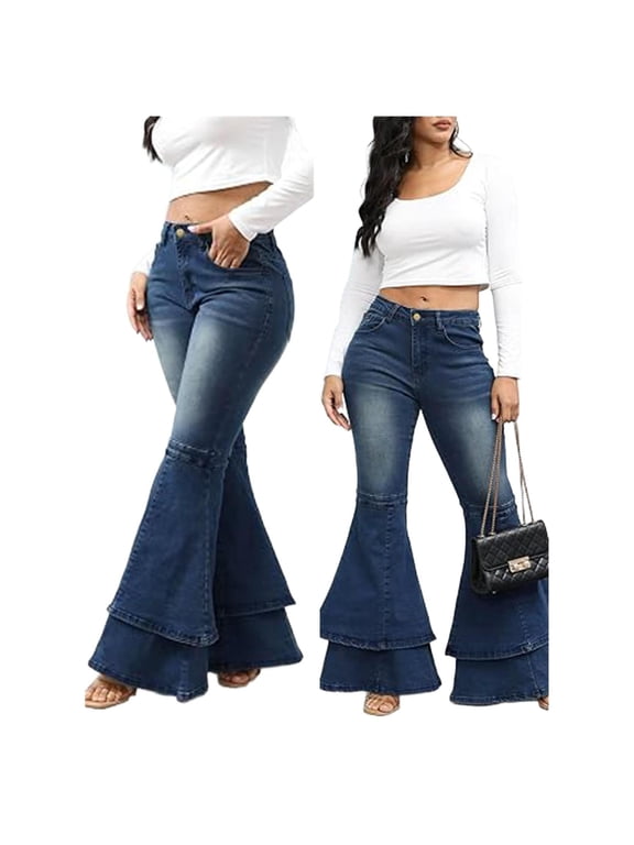 Women's High Waisted Bell Bottom Jeans Tiered Ruffle Hem Stretchy Flare Denim Pants S-3XL