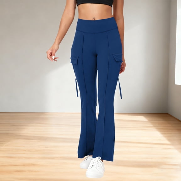 Women's High Waisted Bell Bottom Yoga Leggings with Pockets Solid Color Stretchy Workout Pants Soft Comfortable Casual Athletic Full Length Trousers Blue L