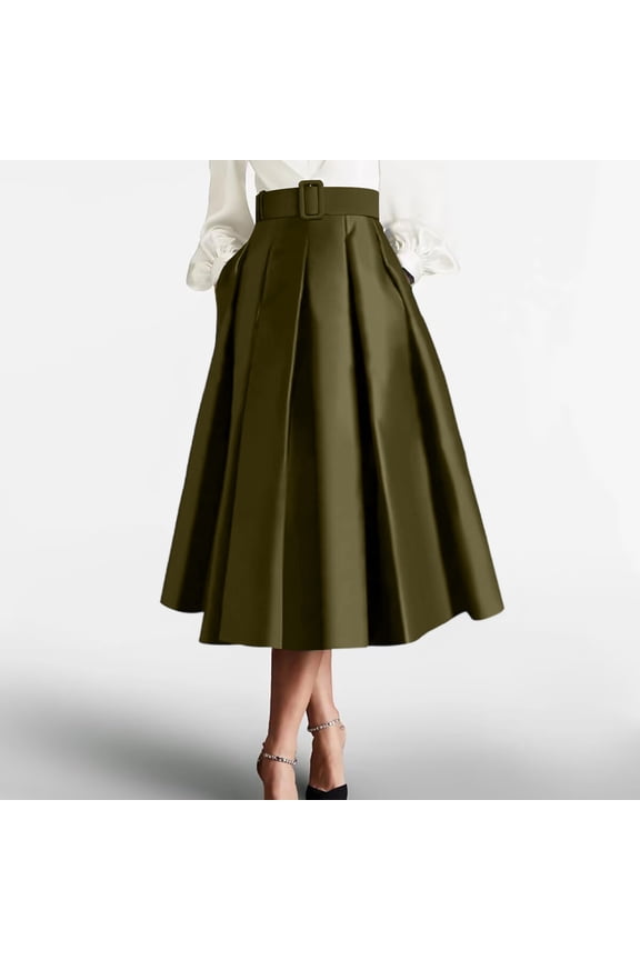 Women's High Waisted Belted Pleated Midi Skirt Work Business Casual Elegant A-Line Long Skirt