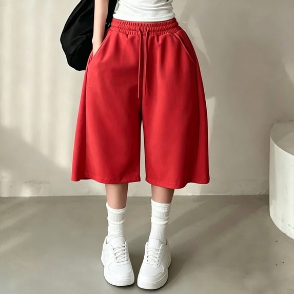 Women's High Waisted Bermuda Shorts, 5" Loose Fit Athletic Shorts for Women, Wide Leg Casual Running Shorts, Breathable Summer Shorts for Yoga Workout Daily Leisure Red L