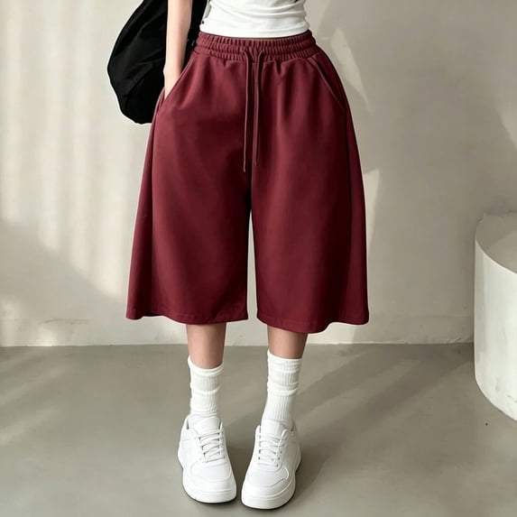 Women's High Waisted Bermuda Shorts, 5" Loose Fit Athletic Shorts for Women, Wide Leg Casual Running Shorts, Breathable Summer Shorts for Yoga Workout Daily Leisure Wine S