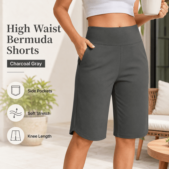 Women’s High Waisted Bermuda Shorts with Pockets, Stretch Casual Long Shorts, Soft Comfortable Athletic Workout Shorts for Yoga, Running, Lounge and Everyday Wear