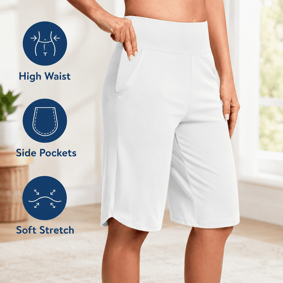 Women’s High Waisted Bermuda Shorts with Pockets, Stretch Casual Long Shorts, Soft Comfortable Athletic Workout Shorts for Yoga, Running, Lounge and Everyday Wear