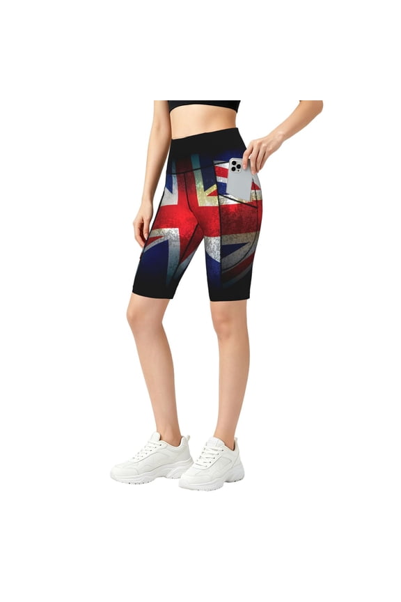 Women's High Waisted Biker Yoga Shorts Workout Athletic Running Shorts, Union Jack United Kingdom Flag Vintage