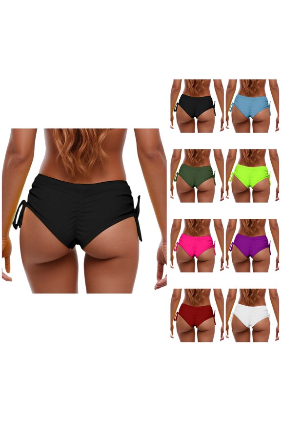 Women's High Waisted Bikini Bottom, Side Tie Cheeky Swim Pants with Ruching, Comfortable Beach Summer Bathing Suit for Swimming