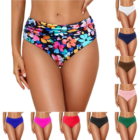 Women's High Waisted Bikini Bottom Tummy Control Ruched Bathing Suit Swim Bottom Black L