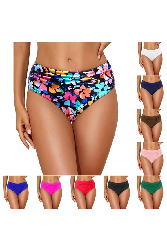Women's High Waisted Bikini Bottom Tummy Control Ruched Bathing Suit Swim Bottom Navy L