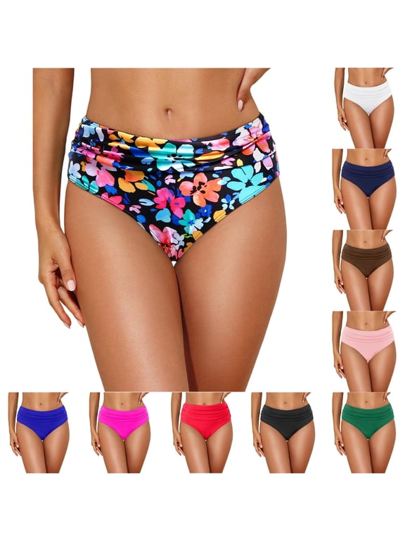 Women's High Waisted Bikini Bottom Tummy Control Ruched Bathing Suit Swim Bottom Royal Blue L