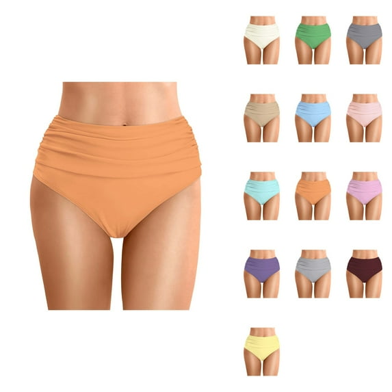 Women's High Waisted Bikini Bottom Tummy Control Ruched Bathing Suit Swim Bottom Solid Color Pleated Double Layered Triangle Swim Trunks