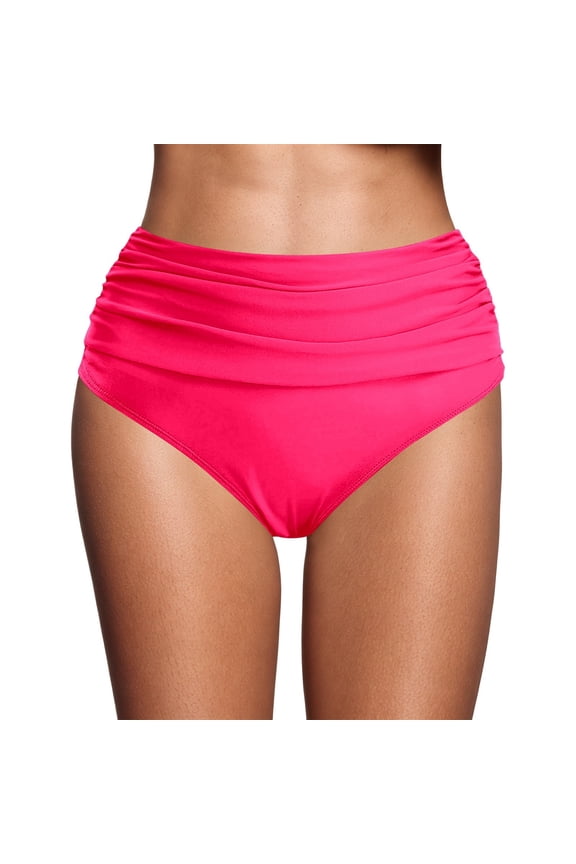 Women's High Waisted Bikini Bottom Tummy Control Ruched Bathing Suit Swim Bottom Watermelon Red L