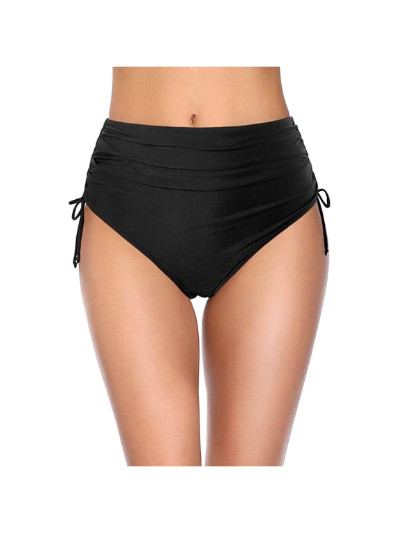 Women's High Waisted Bikini Bottoms, Duoif Tummy Control Ruched Bathing Suit Womens Swim Bottoms Black M