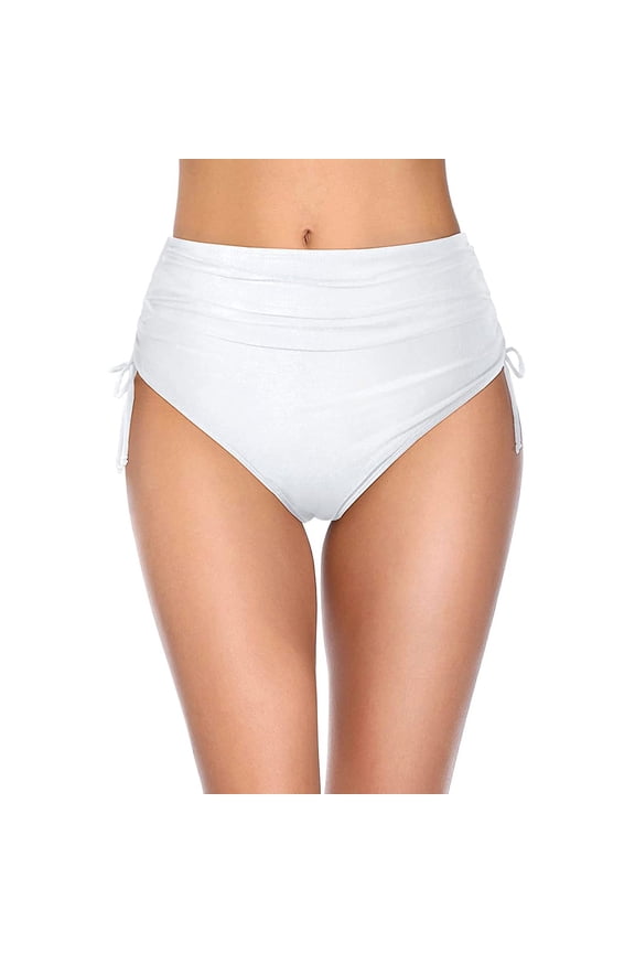 Women's High Waisted Bikini Bottoms, Duoif Tummy Control Ruched Bathing Suit Womens Swim Bottoms White M