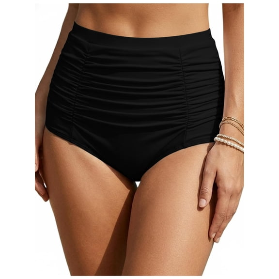 Women's High Waisted Bikini Bottoms, Tie Side Ruched Tummy Control Swim Bottom, Full Coverage Briefs Bathing Suit Bottom Only