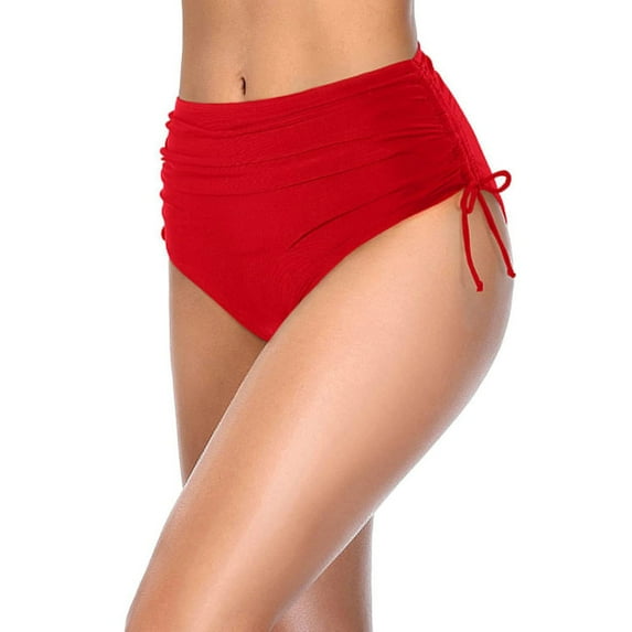 Women's High Waisted Bikini Bottoms Tie Side Tummy Control Swimsuit Full Coverage Swimwear Ruched Shorts Briefs Red S